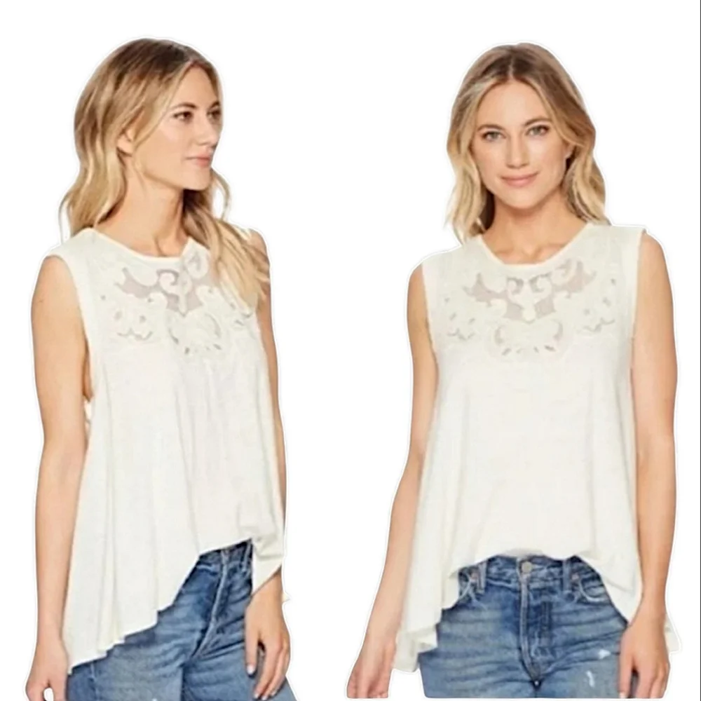 FREE PEOPLE Swing Top Ivory Knit Lace Linen Blend Layering Tank Boho Large 10